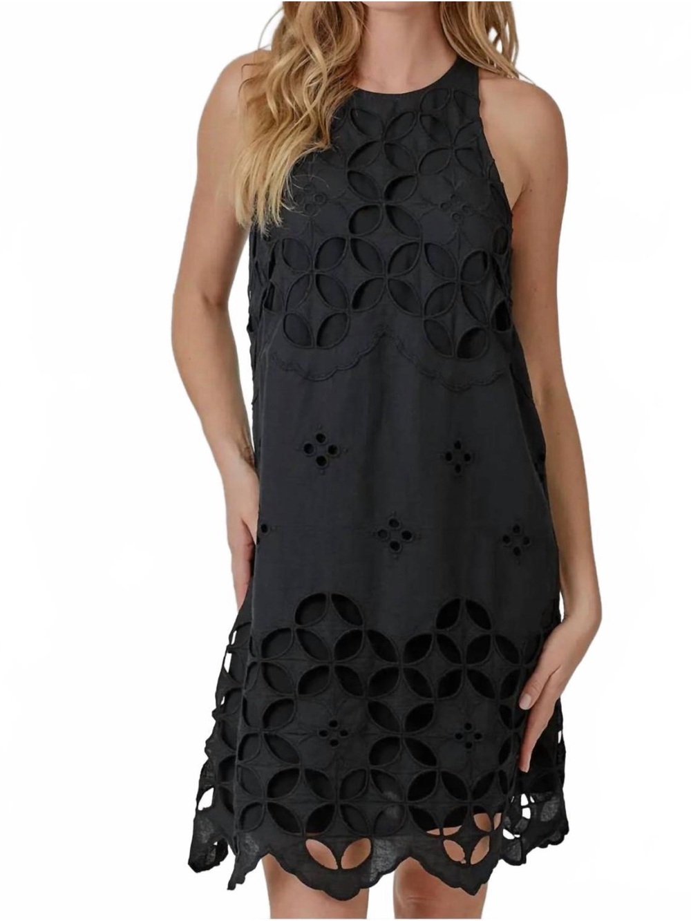 Free People Willow Black Eyelet Halter Mini Dress NWOT